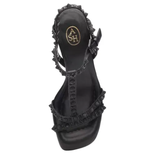 ASH Janice Bis Studded T-Strap Block Heel Sandal Black/Black Best