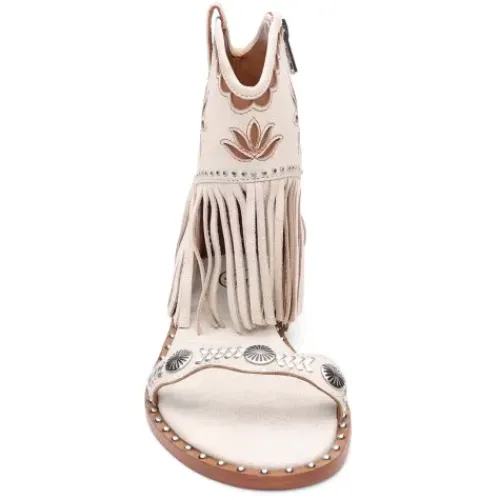 ASH Paquito Fringe Sandals | Flat Sandals With Fringe | Beige-White/Cinnamon Cheap