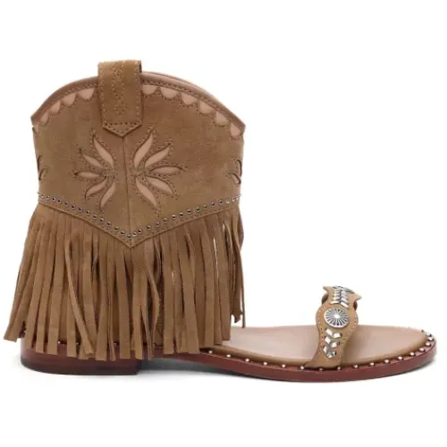 ASH Paquito Fringe Sandals | Flat Sandals With Fringe | Beige-White/Cinnamon Cheap