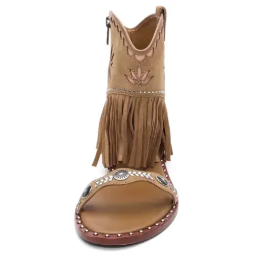ASH Paquito Fringe Sandals | Flat Sandals With Fringe | Beige-White/Cinnamon Cheap